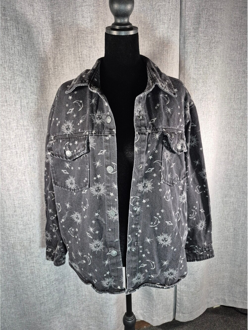 Stoosh Vintage Denim Celestial Y2K Black Jean Jacket Size M Sun Moon Stars